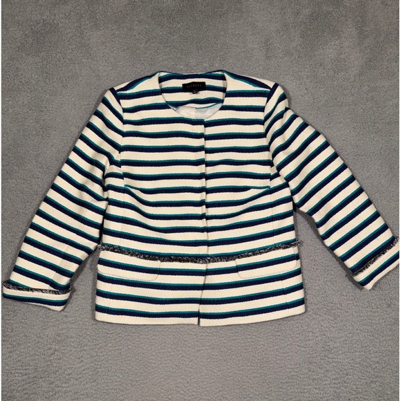 Talbots Jackets & Blazers - Talbots Women's Striped Blazer Jacket Size 8 Navy Teal White Fringe Collarless
